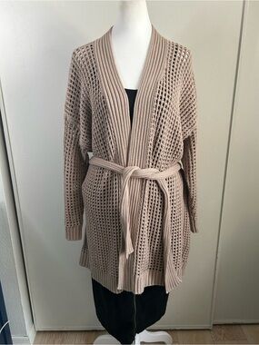 Splendid Joyce Long Open-Knit Belted Cardigan Sweater - Taupe